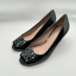Tory Burch Lowell Wedge Heels Womens 7M Black Patent Leather Peep Toe Luxury CEO
